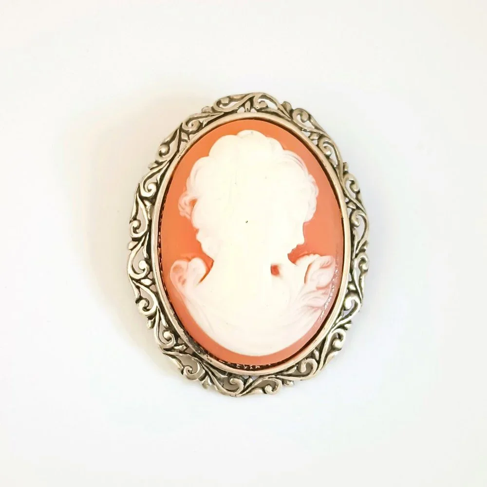 Jezlaine Vintage 925 Cameo Brooch Sterling Silver Scroll Design Gift for Mom